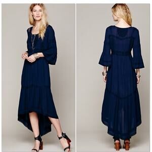 Free People Navy Boho Cottage Core Teared Lace Hi Low Maxi Dress Bell Sleeve 2